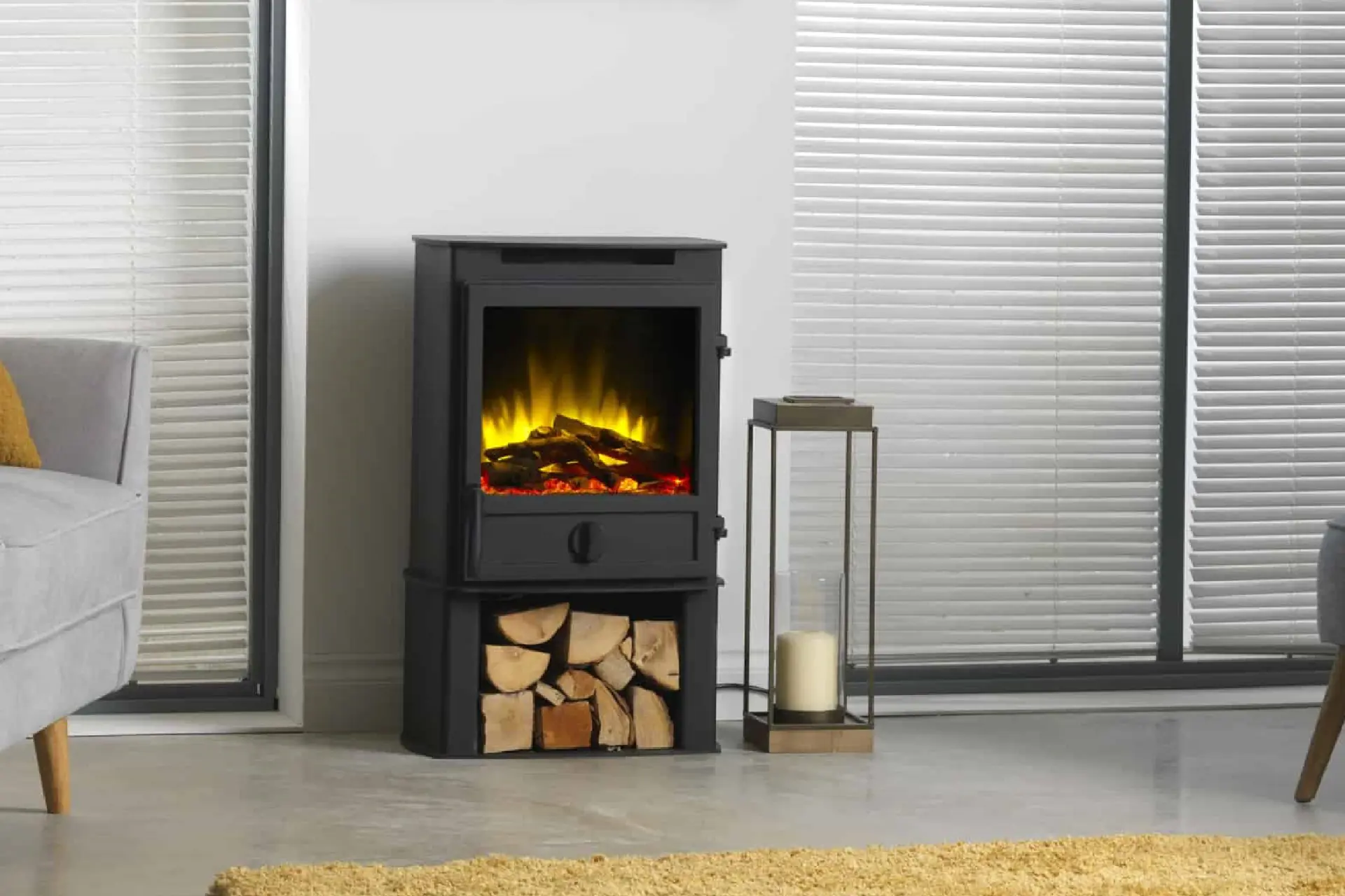 Fireline Square Door Electric Stove On Log Close Up