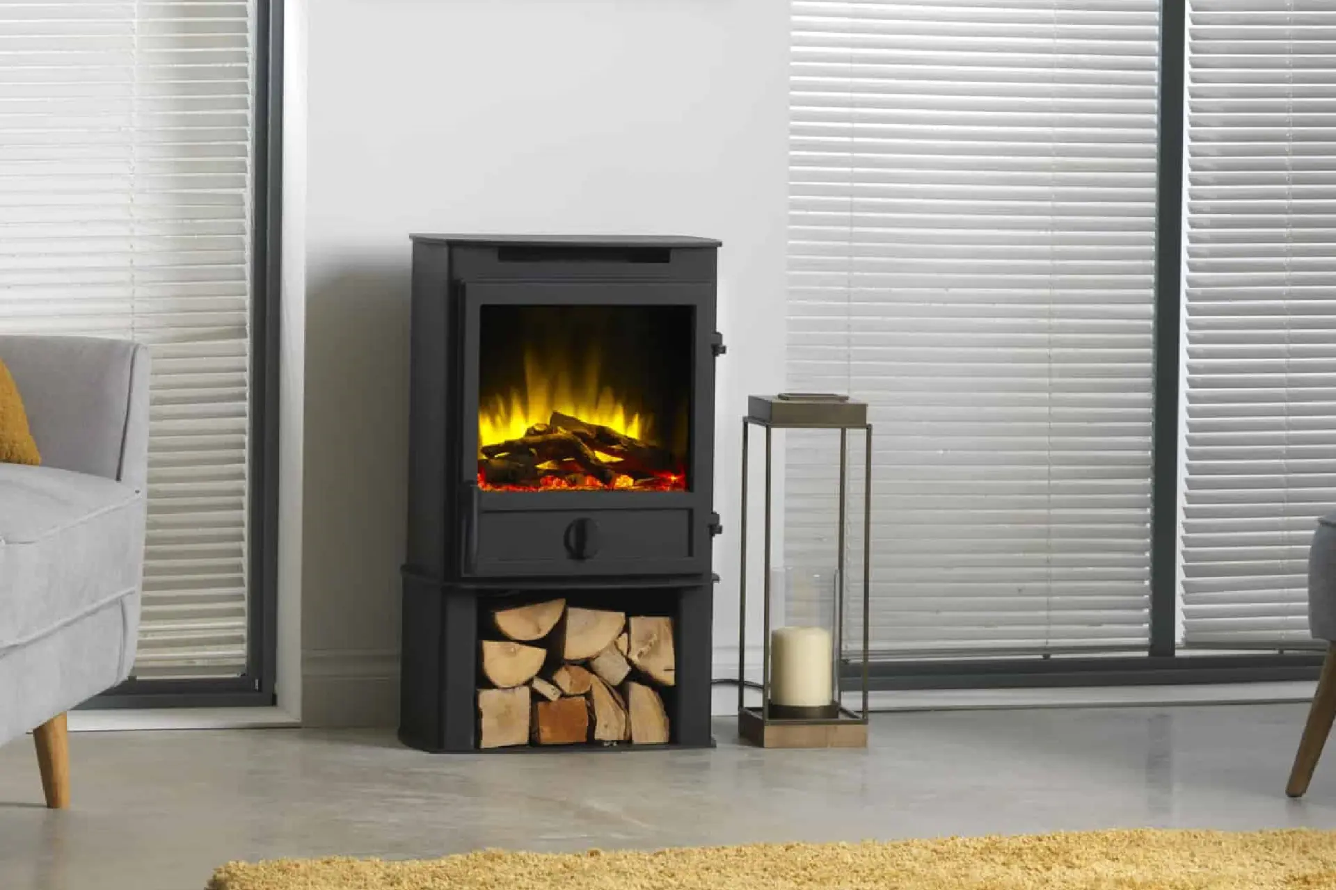 Fireline Square Door Electric Stove On Log Close Up